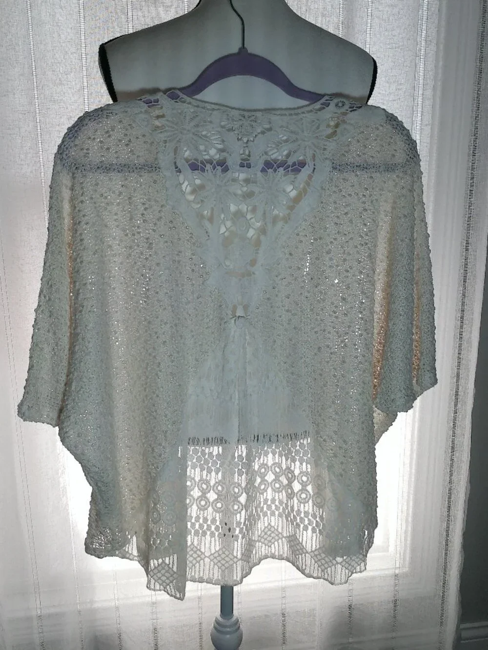 CHICO'S Shrt Sleeve Open Front Cream Sweater Sm.Popcorn Texture w/Lace/Sequins M - Picture 3 of 10